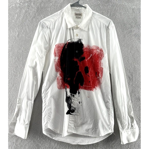 Alexander McQueen Shirt Mens Size 15 White Red Graphic Print Long Slv Button Up